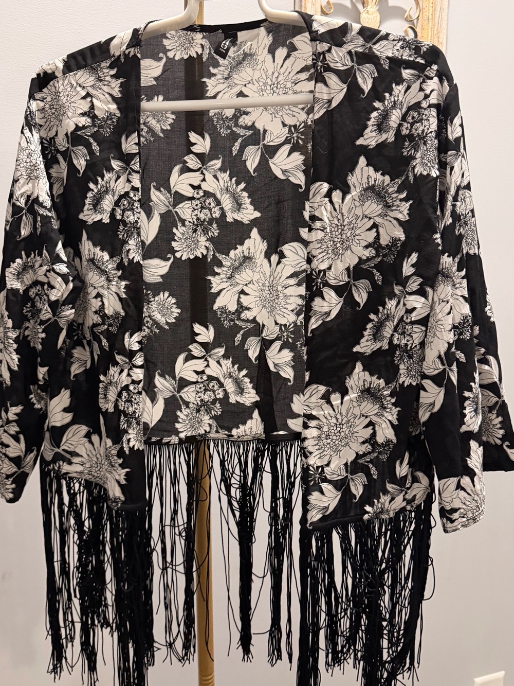 H&M Black and White Floral Fringe Open Kimono Cardigan